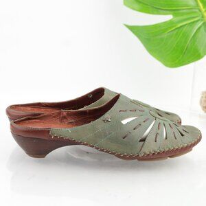 Pikolinos Womens Romana Mule Size 41 10 Green Leather Low Heel Cutout Comfy Shoe